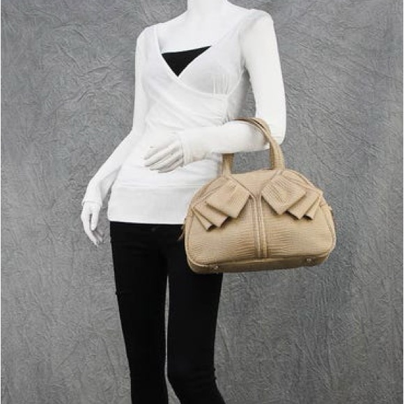 Yves Saint Laurent Beige Lizard Embossed Leather Obi Satchel Bag - Picture 14 of 15